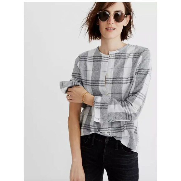 Madewell Womens Collarless Button Down‎ Plaid Shirt XXS Minimalist Basic - Picture 2 of 7